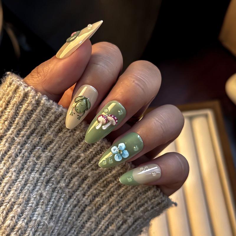 24Pcs Summer Green Lotus Almond Press On Nails Cute Frog French Tip Fake Nails With Glue Fresh Flower Manicure For Women