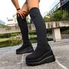 Flying socks boots women's thick-soled round head long tube thin boots European and American elastic socks long boots women's elastic foot socks boots