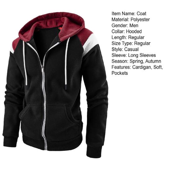 Men Autumn Coat Contrast Colors Hooded Hat Long Sleeves Pockets Warm Plush Drawstring Cardigan Spring Hoodie Coat for Daily Wear