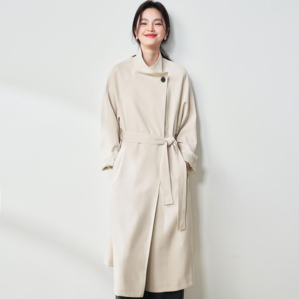 Autumn simple ROW style stand-up collar design sense simple casual commuting style long coat medium and long trench coat 075