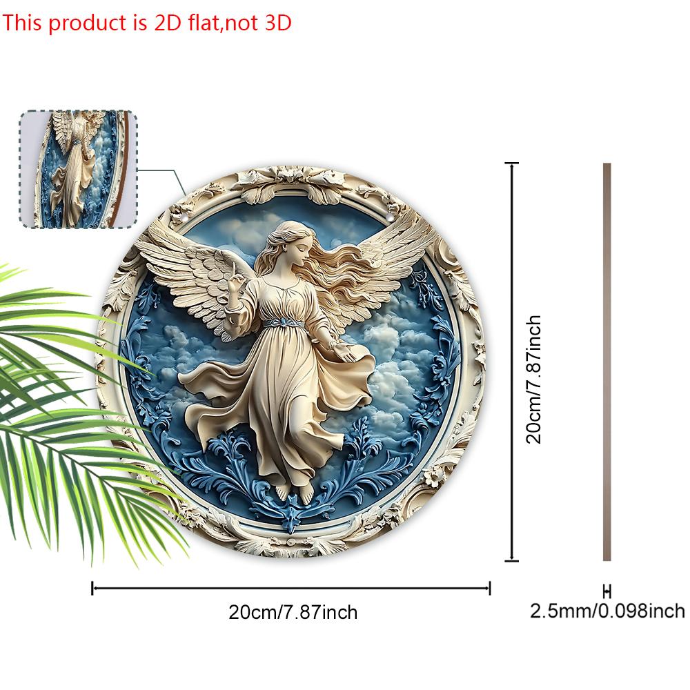 Holy Angel Wooden Sign - Beautiful Angel Round Artwork for Front Door Wall Home Hanging Decoration