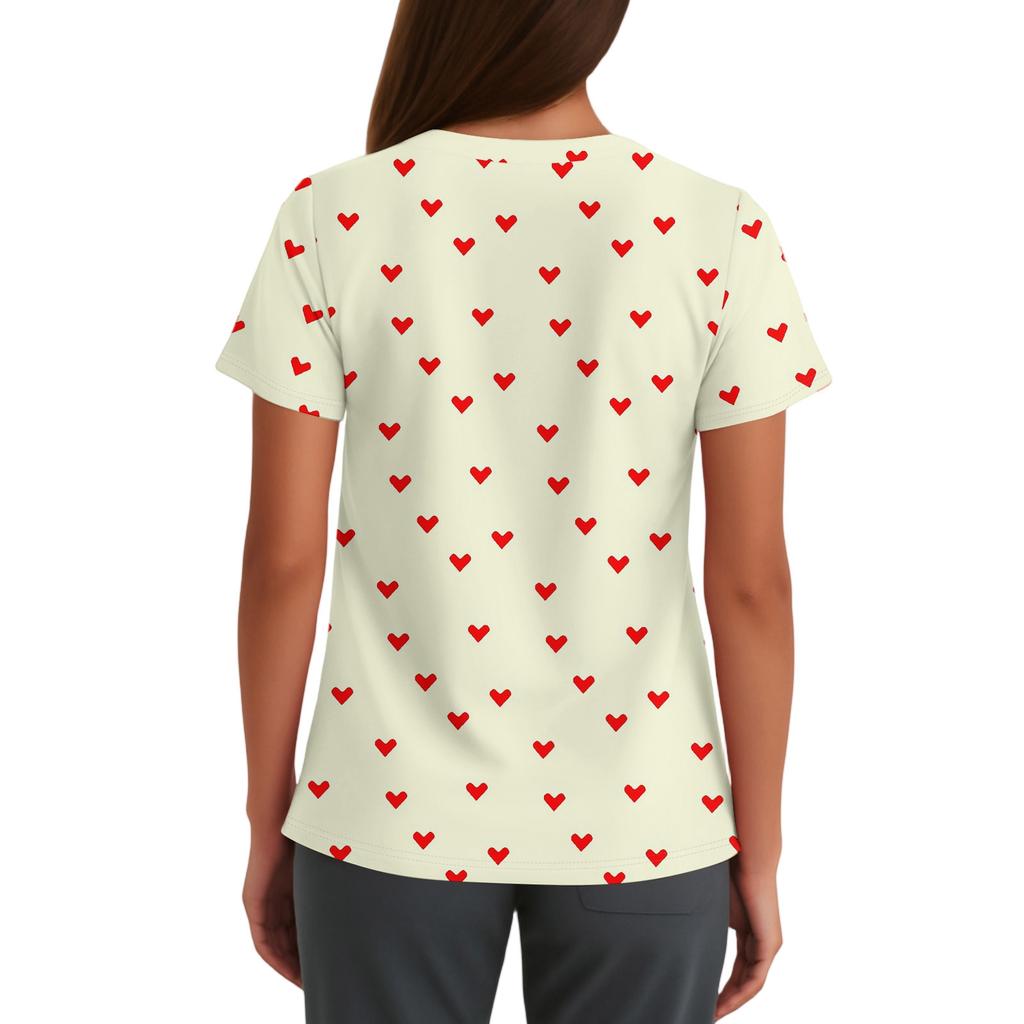 Women's Cute Bow Printed Work Clothes V-neck Double Layer Pockets Basic Short Sleeve Top Pullover