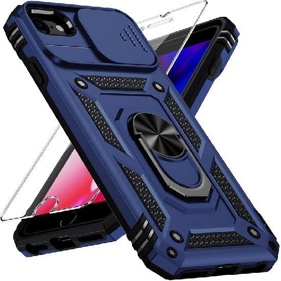 Чехол Weycolor для iPhone SE 3-го поколения / 2-го поколения, iPhone SE 2022/2020, iPhone 8/7/6 с выдвижной крышкой для камеры, HD-защитное стекло, Тяжелый 1.Navy Blue /Slide Camera