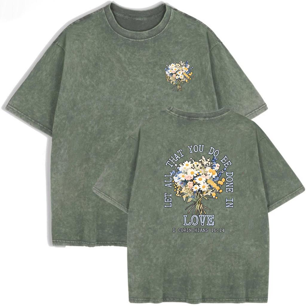 Men Women Vintage Washed Floral T-Shirt Boho Flower Bouquet Letter Graphic Crew Neck Short Sleeve Shirt Top