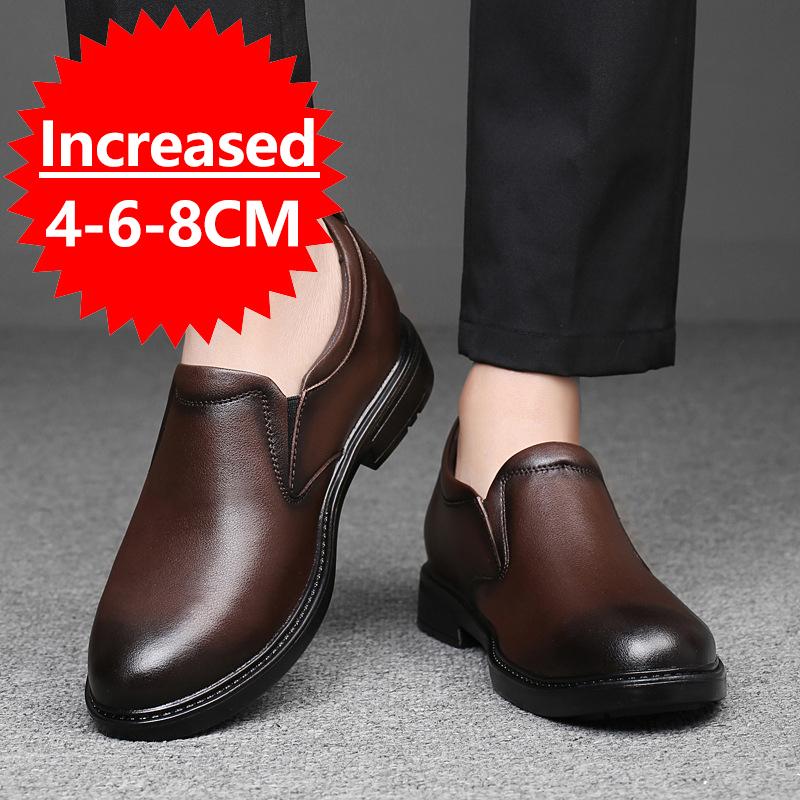 Men Leather Shoes Business Dress Shoes Slip On Invisible Inner Height Increasing Men's Shoes 6/8 CM Wedding Shoes Big Size 36-47