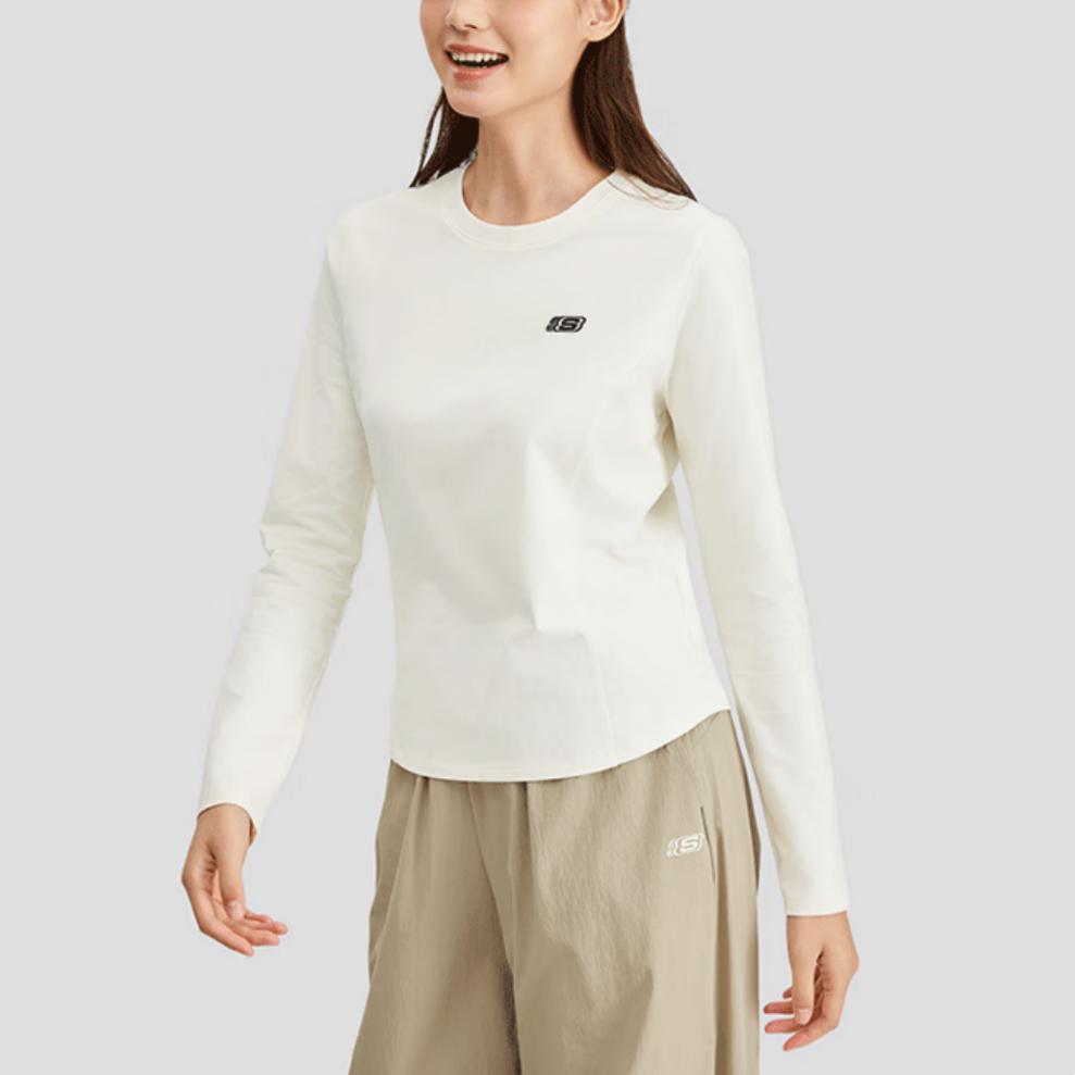 Skechers Comfortable Versatile Soft Fashion Long Sleeve Regular T-Shirt Women Tops Cotton-Candy-White L225W151-0074