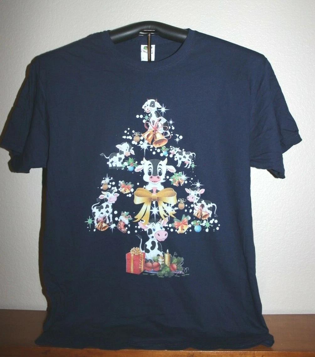 

Baby Cartoon Cows Forming a Christmas Tree T-Shirt, Large, Navy Blue S