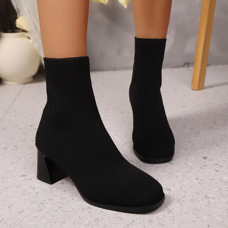 Classic Simple Solid Stretch Sock Boots Women Autumn Elegant Square Toe High Heel Booties Slip On Elastic Knitted Ankle Boots