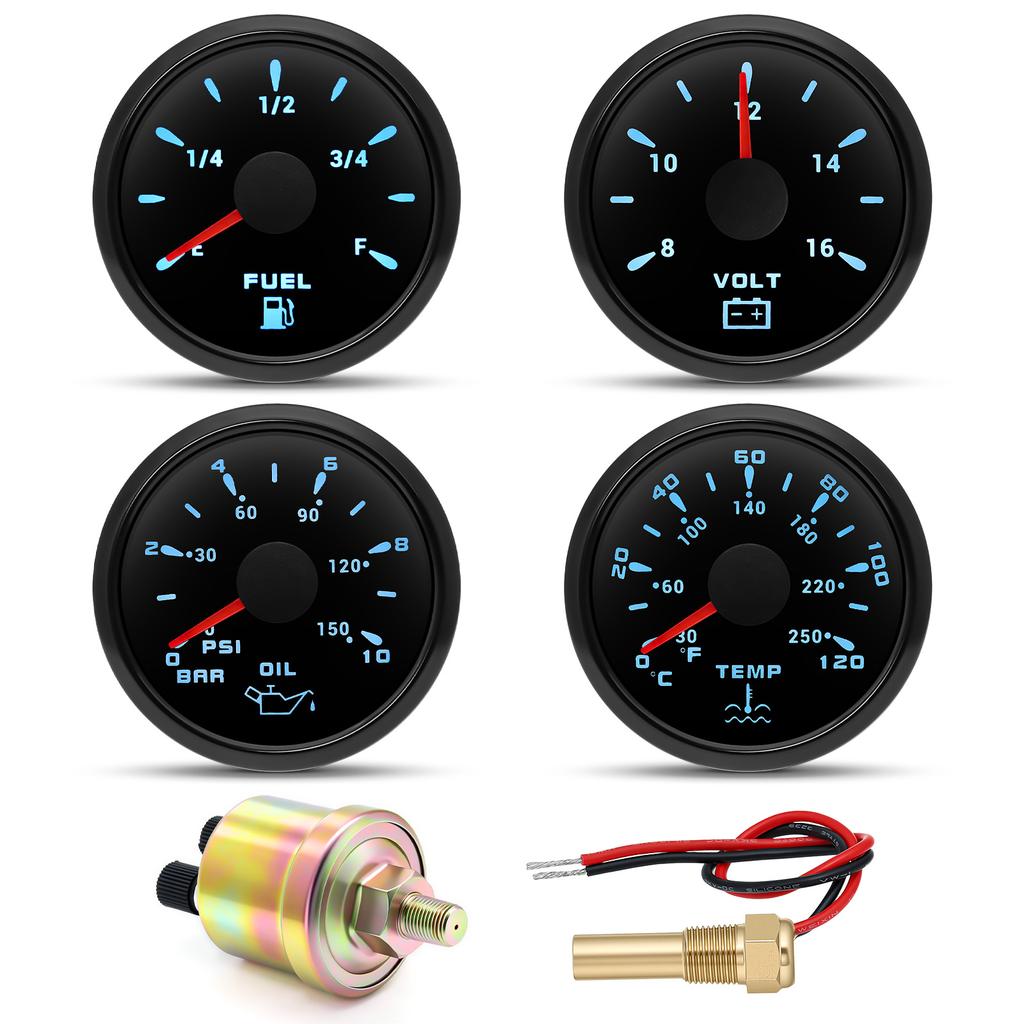 12V24V Universal 52MM 4 Gauge Kit with 2 Sensor Water Temperature + Oil Pressure + Fuel Level + Voltmeter For All Vehicle Marine