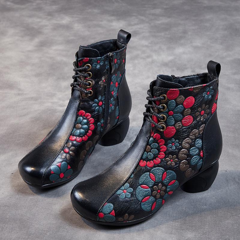 Women's shoes new mother velvet warm cotton shoes women's head layer cowhide printing thick heel soft sole short boots