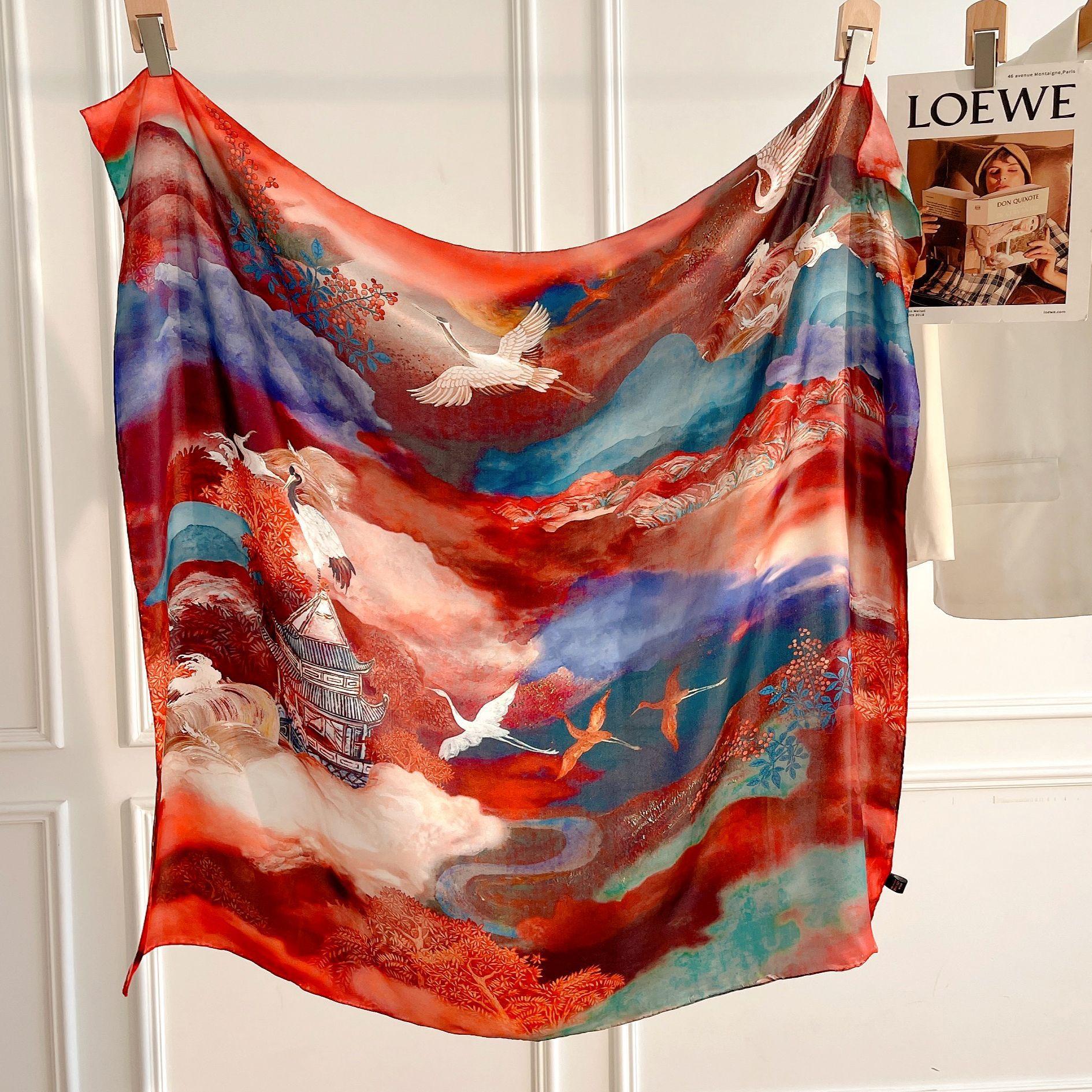 2022 new national style crane Xiangyun 110cm silk silk scarf women s thin fashion mulberry silk shawl square scarf 110*110cm