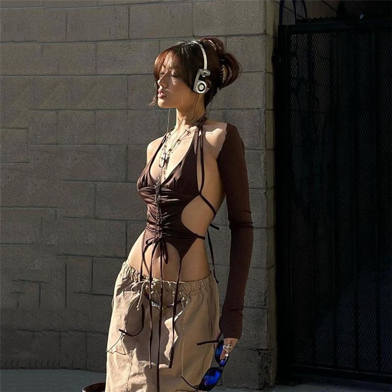 Y2k Streetwear 2 Piece Long Sleeve Halter Crop Top Sexy Trendy Irregular Backless Women T-shirts Aesthetic