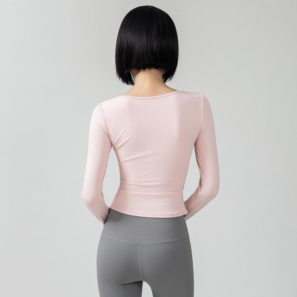 New Yoga Long Sleeve Slimming Fitness Top with Pleated Waist & Built-in Bra