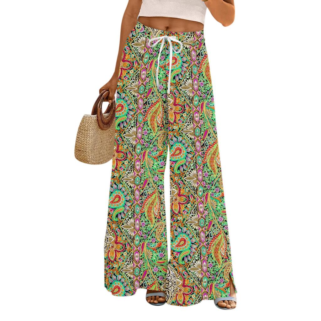 Women's Printed Wide Leg Pants With Pockets High Waist Drawstring Loose Casual Pants