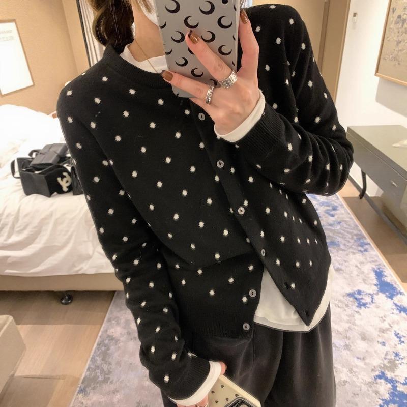Polka Dot Knitted Cardigan Women's New Autumn and Winter Stacked Wear Design Sense Niche and Thin Long-sleeved Sweater Jacket