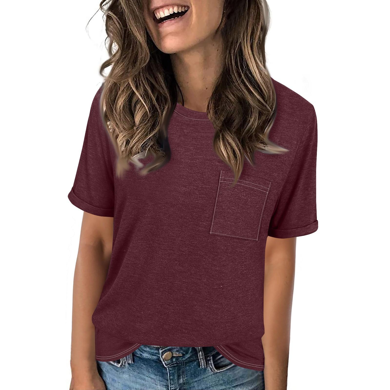 

Women s Fashion Round Neck T,Shirt Color Loose,Fit Short Sleeve Top S винний