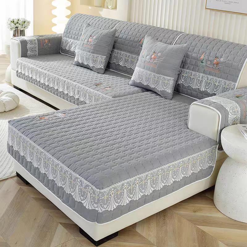 Vyšívaný polštář na pohovku z prané bavlny, Univerzální látka pro všechna roční období, Protiskluzový all-inclusive potah na pohovku, Kreslený přehoz na pohovku