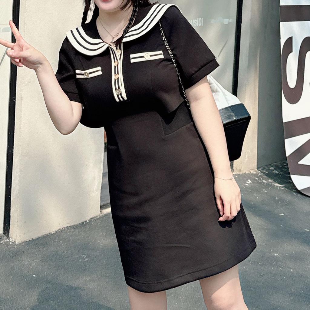 8 large size dress fat mm navy style short sleeves sweet temperament design fake two-piece skirt