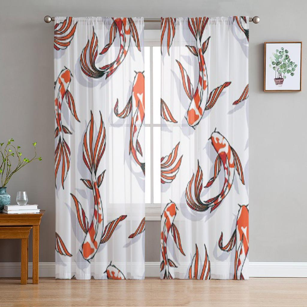 Koi Pattern Animal Fish Texture Sheer Curtain For Living Room Modern Voile Tulle Window Curtains For Bedroom Kitchen Drapes