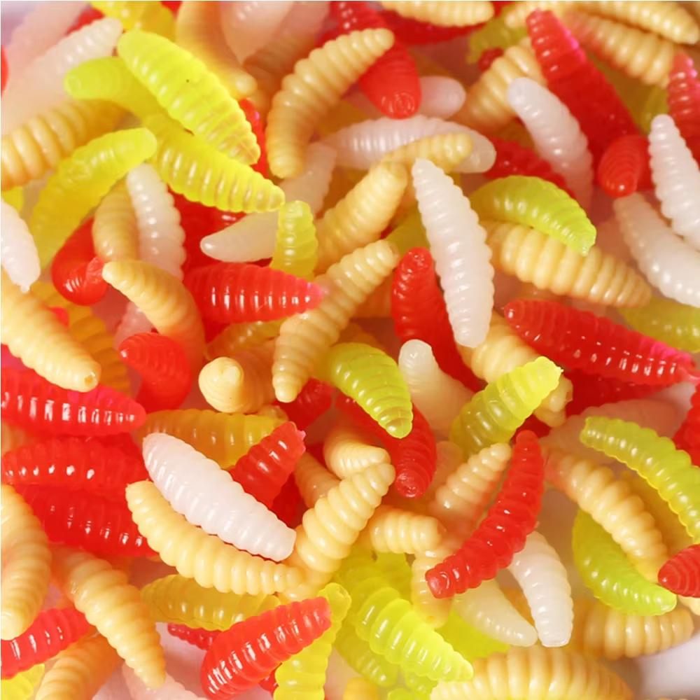 50 uds./lote Cebo de Silicona Gusano Blando Señuelo de Pesca 2 cm 0,4 g Gusanos Artificiales con Olor a Pan Equipo para Invierno Accesorios Luminosos