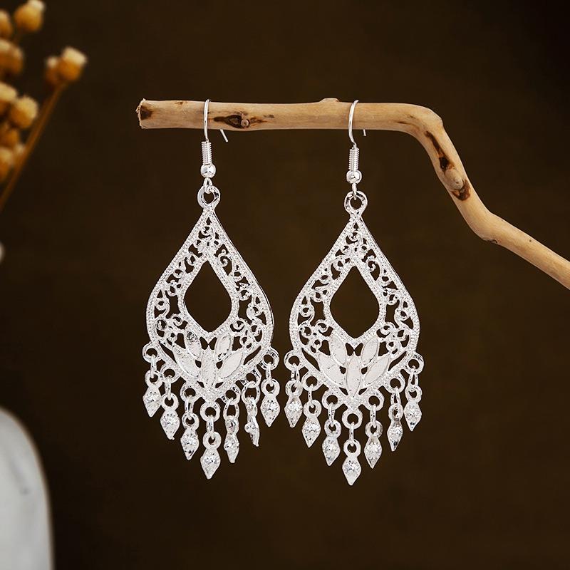 Miao geometric bells, fringed earrings, minority earrings, bohemian long leaf earrings