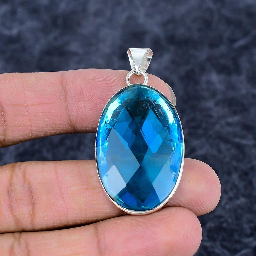 Blue Topaz Gemstone Handmade 925 Sterling Silver Jewelry Pendant 1.97" M-3247