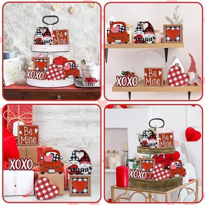 Décoration de plateau à plusieurs niveaux pour la Saint-Valentin, décorations de plateau de ferme, gnome d'intérieur à carreaux de buffle, couple, amour, cœur, camion, panneaux en bois, décoration rustique de la Saint-Valentin
