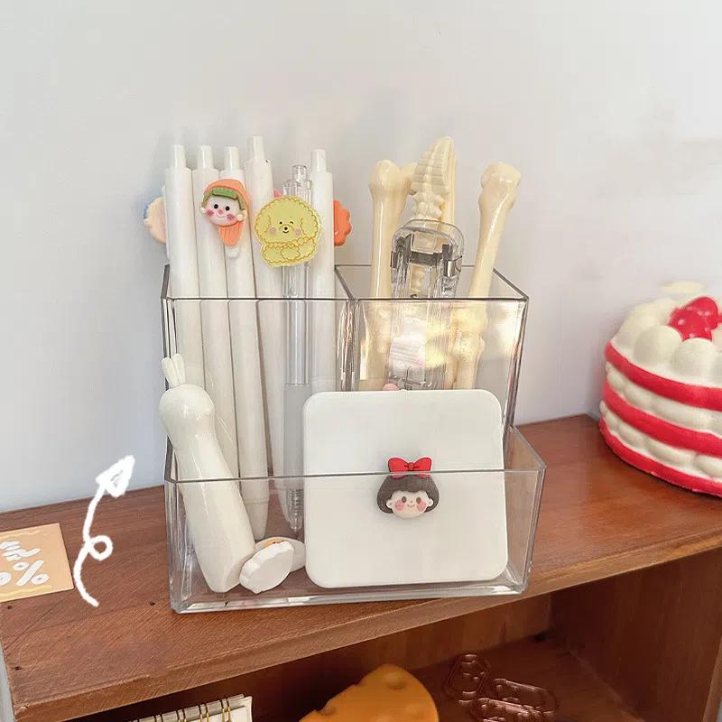 Simple Acrylic Transparent 3 Grids Pen Holder Box Make Up Brush Container Cosmetic Organizer Student Desktop Pen Storage Box