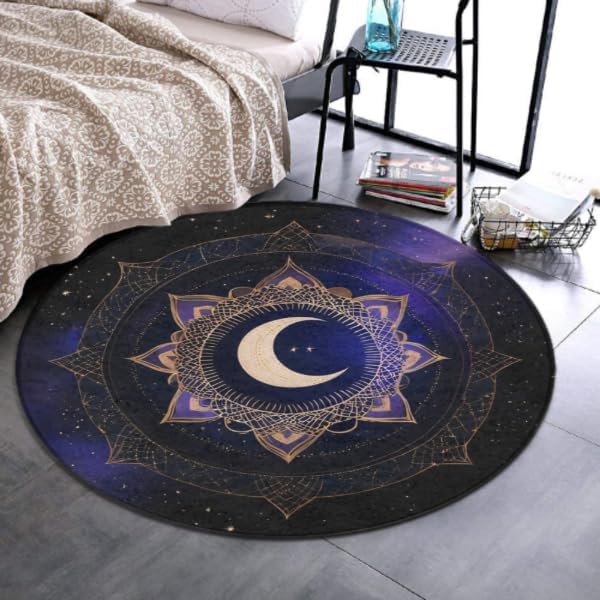 Cosmic Moon Mandala Round Rug Deep Blue Gold Stars for Spiritual Meditation Area 60cmx60cm