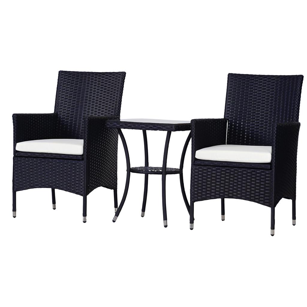 3 Pieces Rattan Bistro Set, Wicker Garden Furniture Set with 2-Tier Coffee Table and Chairs, Cushions, for Outdoor Patio Balcony, Black