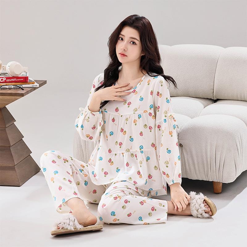 Casual long-sleeved women's pajamas, faux cotton and silk, simple casual suit, underwear, green women's thin women's loungewear