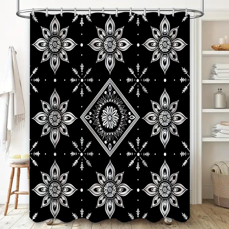 Black White Flower Shower Curtain Water-resistant Bathroom Decor Printing Waterproof Washable Rug for Bathtub