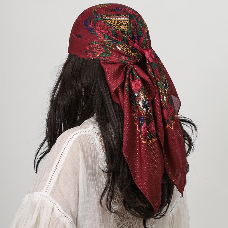 80*80Cm Square Fashion Scarf Women Floral Print Cotton Bandanas Lady Scarves Headband Accessories Handkerchief Shining Hijab