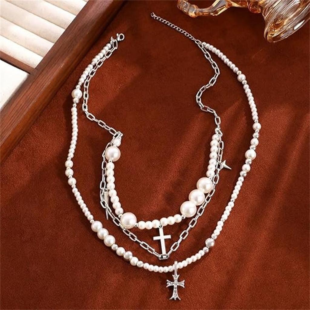 Goth Pearl Cross Necklaces for Women,Retro  Crystal Crucifix Pendant Choker Necklace,Chunky Pearl Beaded Stackable Necklaces Baptism Gifts