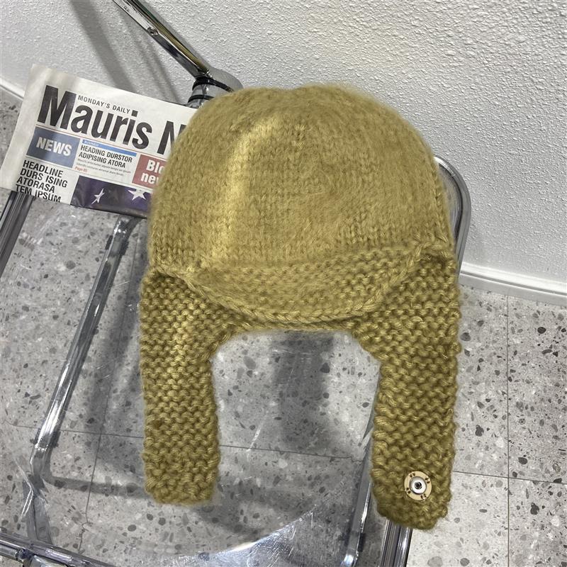 Handmade Crochet Wool Hat for Women Korean Style Ear Protection Scarf Integrated Retro Knitted Head Hat Winter Warm Flying Hat