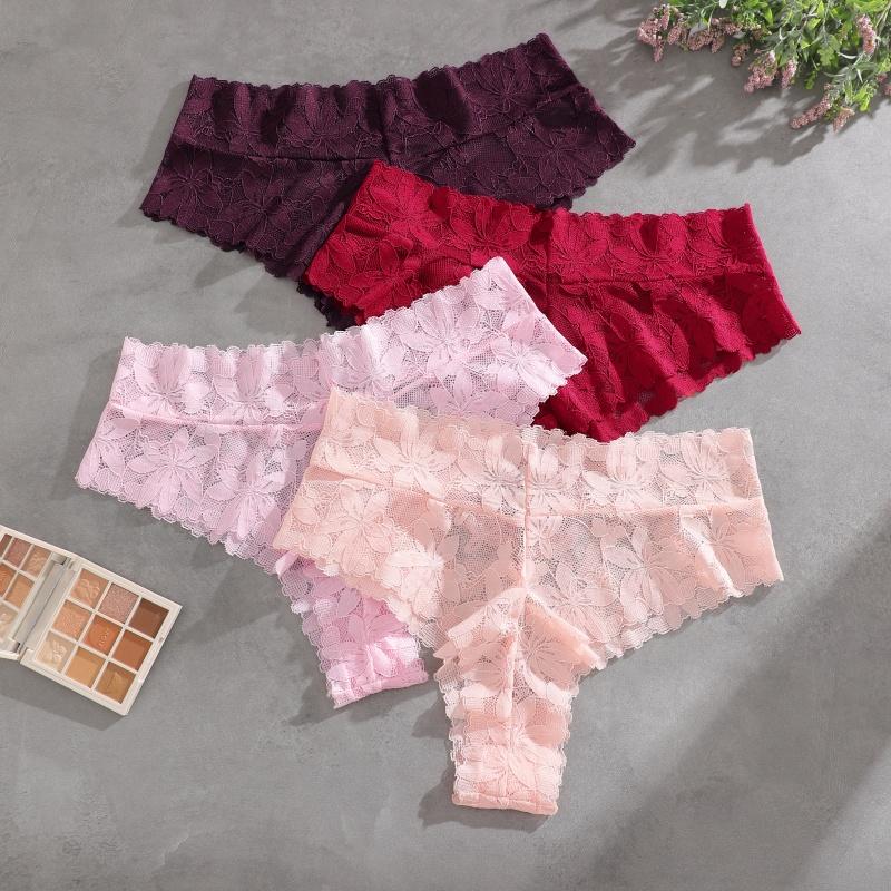 3Pcs/Set Women's High Waist Panties Ladies Sexy Lace Hollow Out Thong Breathable Transparent G-strings Solid Color Soft Lingerie