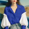 VONDA Women Lapel Neck Long Sleeve Striped Patchwork Buttons Up Loose Shirts Blouse