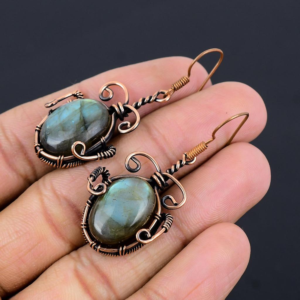 Labradorite 999 Copper Wire Wrapped Earrings, Handmade Gemstone Earrings Jewelry, Gifts For Wife Brand New Earrings