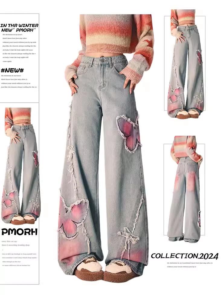 Schwarze Jeans Damen Gewaschen Alt Rohkanten Weiter Bein Hosen Mode Einzigartig Entspannte Weiter Bein Silhouette mit Strapazierfähigem Stoff, All-Match Jeans