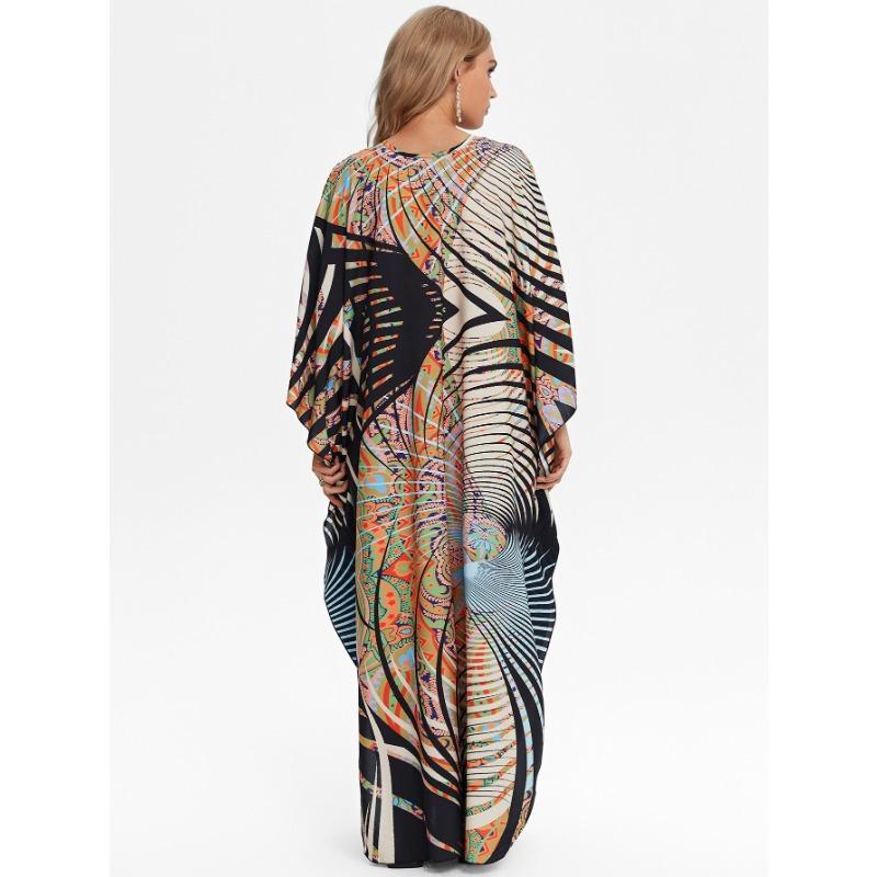 Women's Fashion Summer Spring Feather Print 3/4 Sleeves V-Neck Loose Waistline Casual Dresses