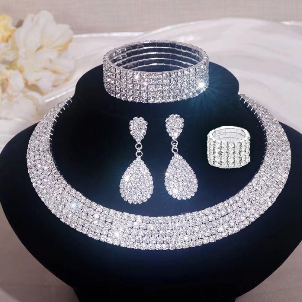 Luxury Necklace Bracelet Earring Ring Sets Shiny Rhinestone Choker Necklace  Bridal Party