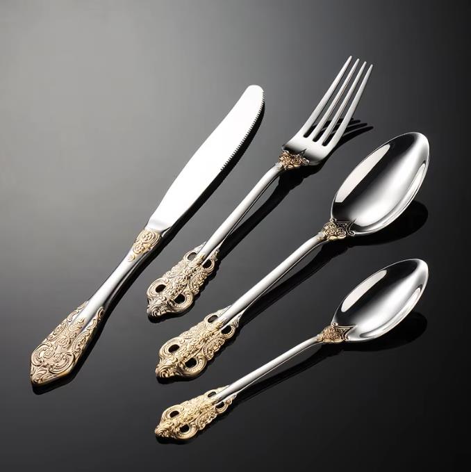 Palace Series Stainless Steel Cutlery Sets Western Food Knives Forks Spoons Teaspoon Luxury Golden Tableware Home and Kitchen