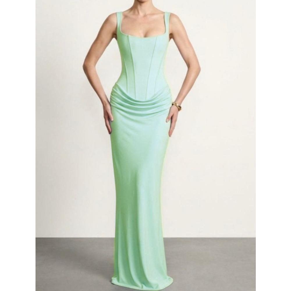 Women's Square Neck Sleeveless Solid Color Maxi Dress Mid Waist Bodycon Party Dress