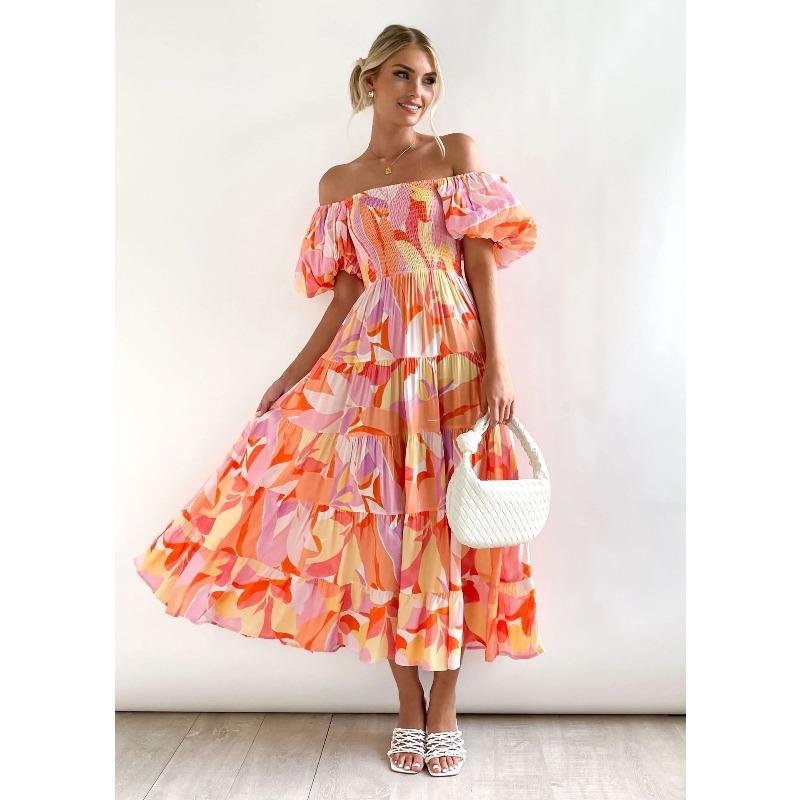 Summer New Bubble Sleeve Holiday Skinny Long Dress Spice Girl High Waist Shoulder Printed Dress Women