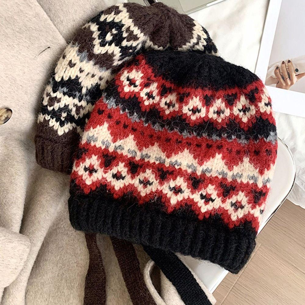 Stripe Knitted Hat Windproof Coldproof Beanies Cute Bonnet Caps  for Autumn Winter