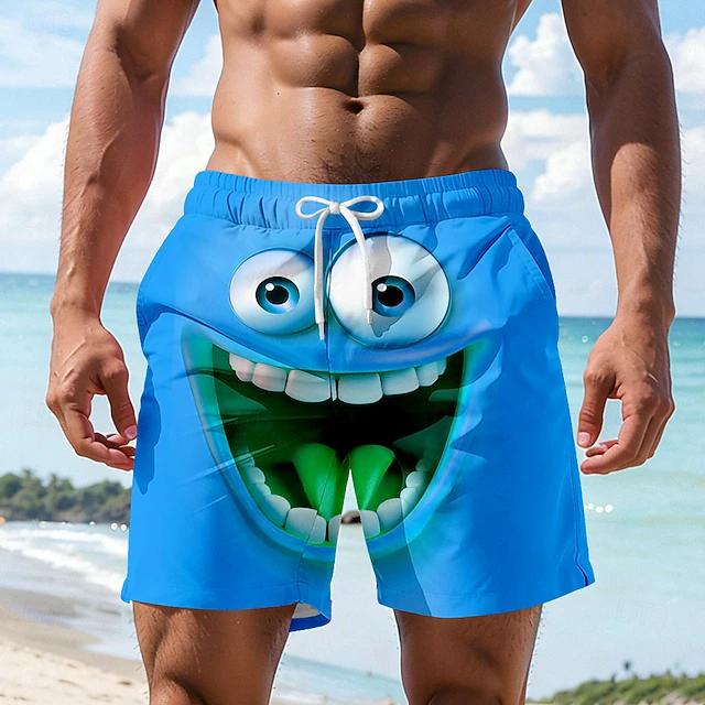 Lustiger Cartoon-Gesichtsdruck Herren Strandshorts Schnelltrocknend Atmungsaktiv Kordelzug Elastischer Bund Social Media Viraler Stil Badehose