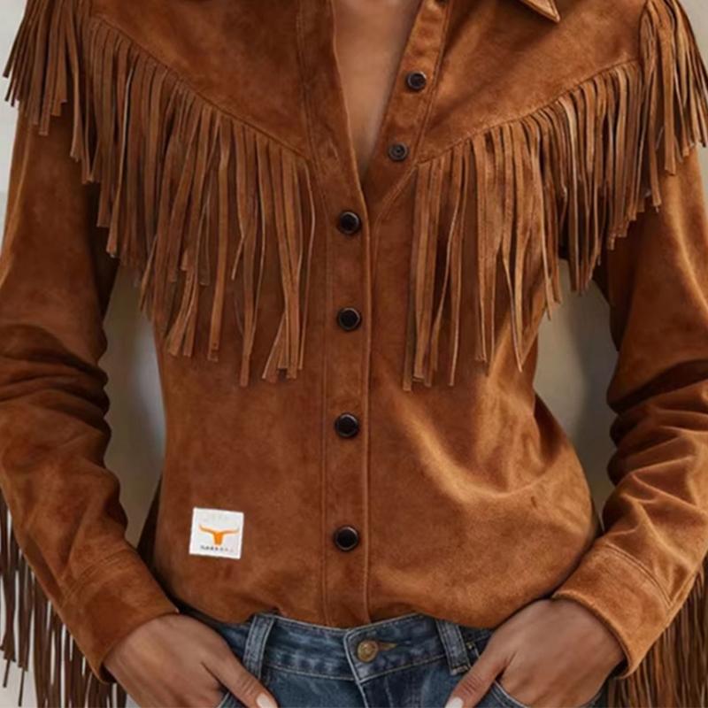 Women's Shirt Collar Tassel Jacket Long Sleeve Retro Single-Breasted Short Coat Streetwear