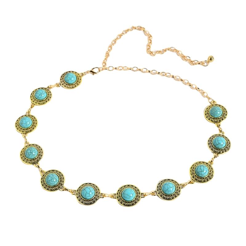 Women Waist Chain Ethnic Style Belts with Relief Sapphire Buckle Waist Belt