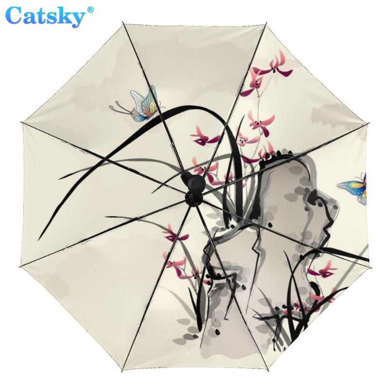 

Полностью автоматический трехстворчатый складной зонт с китайской росписью и черным покрытием, анти-УФ-защита от солнца, женский зонтик от дождя