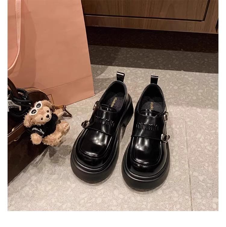 Cowhide Version~ Grape Mother Same Style, Amiu Double Buckle with Loafers Round Head British Style Platform Small Leather Shoes Single Shoes Women